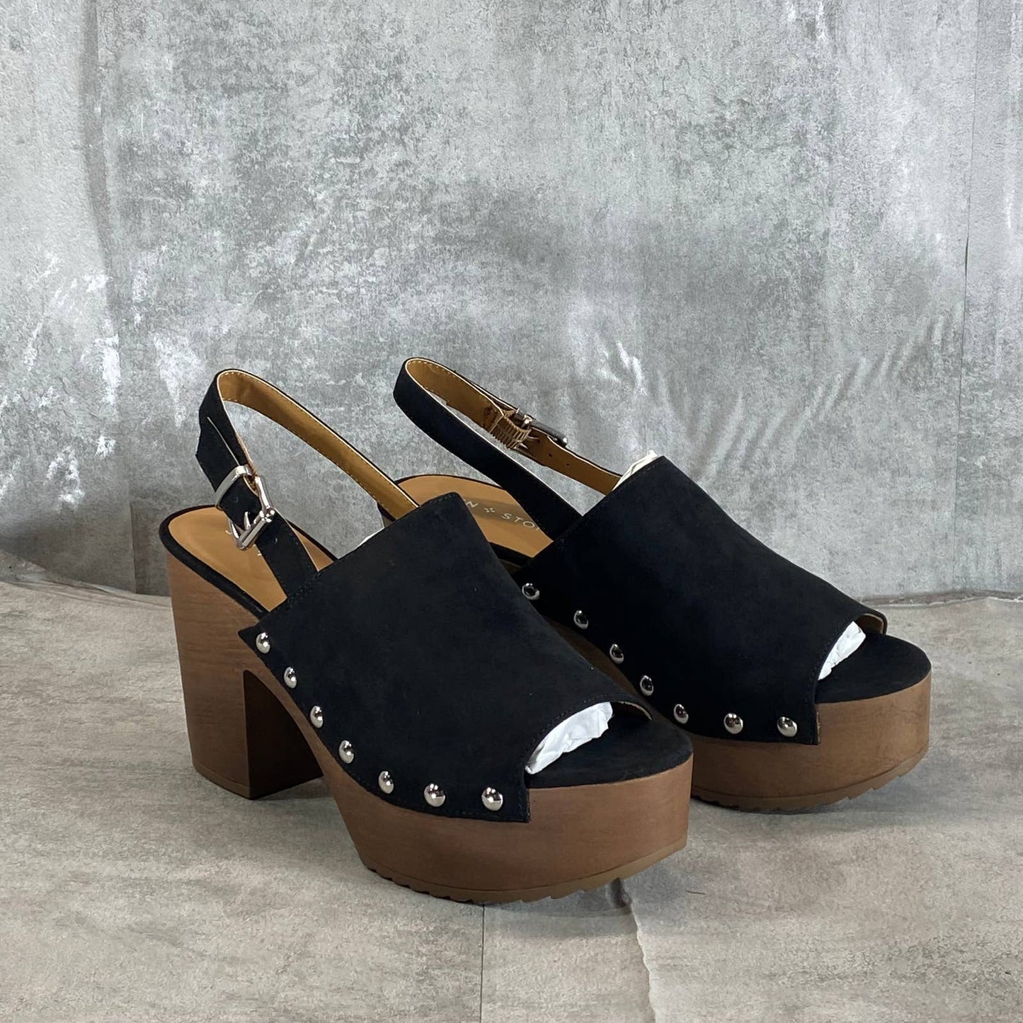 SUN+STONE Women's Black Rayaell Studded Platform Slingback Dress Sandals SZ 8.5