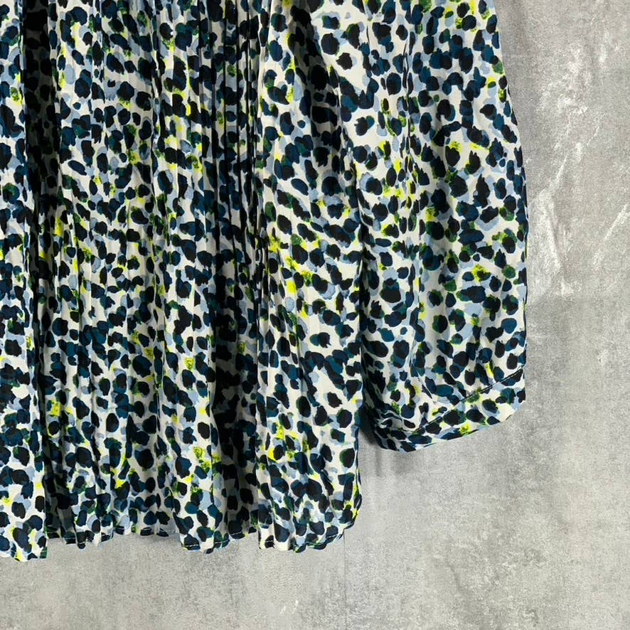 DKNY Women's Blue Animal-Printed Pleated Crewneck 3/4 Sleeve Top SZ M