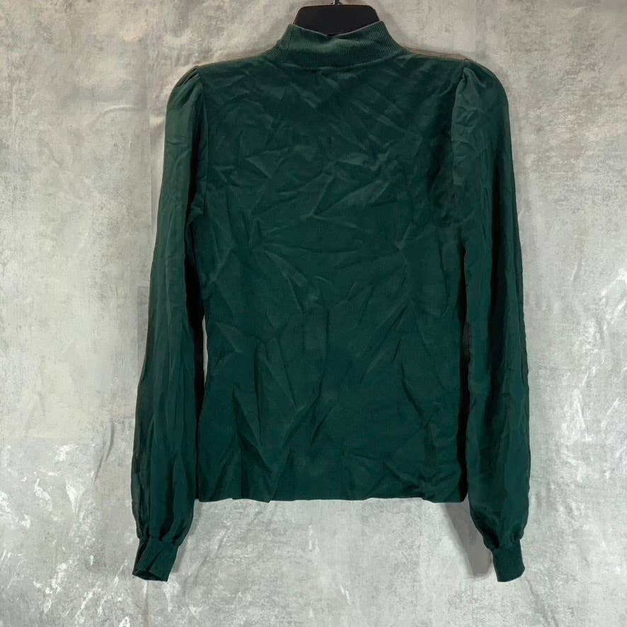 INC INTERNATIONAL Women's Dark Green Mock-Neck Cutout Long Puff Sleeve Top SZ S