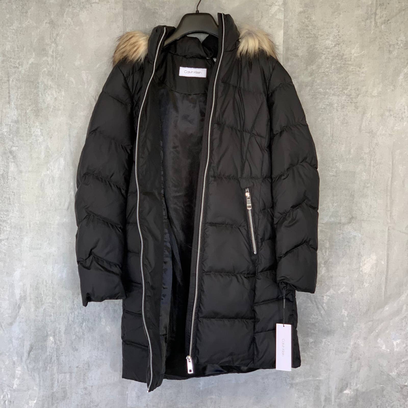 CALVIN KLEIN Solid Black Detachable Faux-Fur Hooded Full-Zip Puffer Jacket SZ S