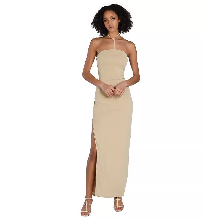BAR III NICOLE WILLIAMS ENGLISH Women's Beige/Khaki Y-strap Halter Dress SZ S
