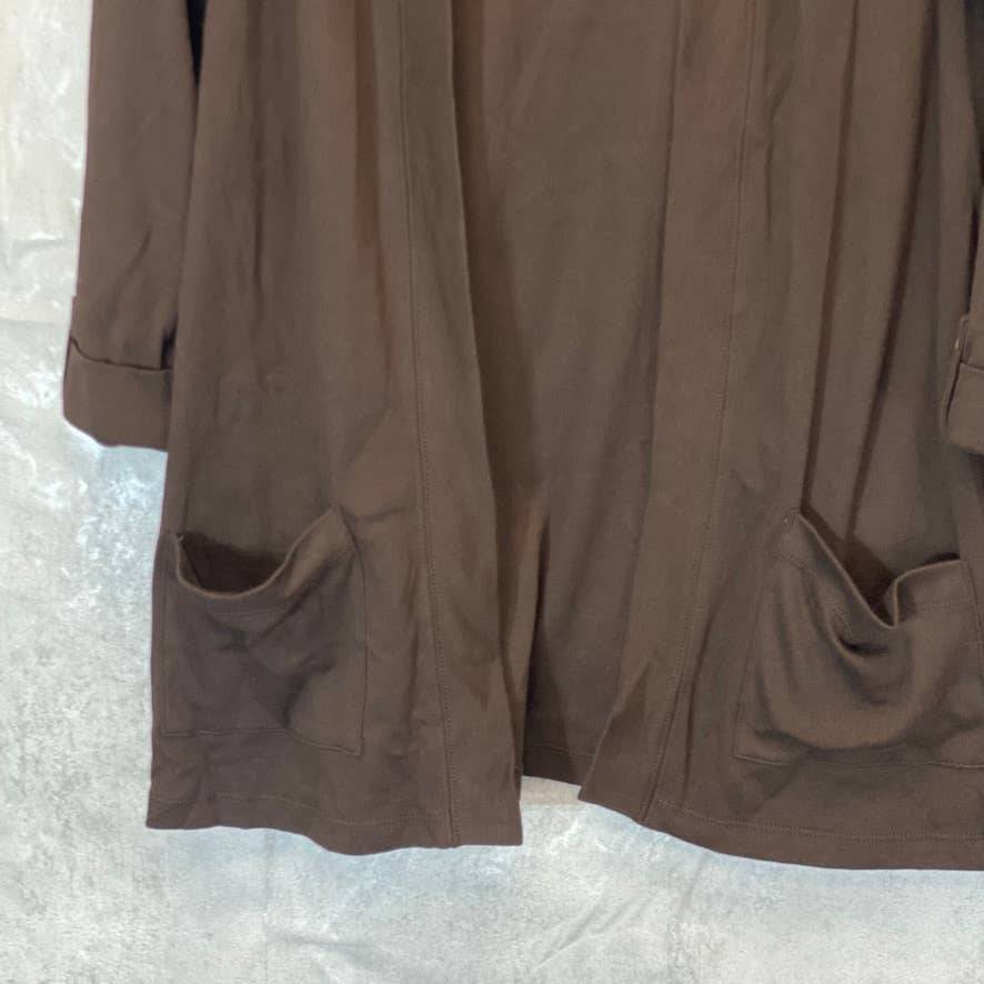 KAREN SCOTT Women's Chocolate 2-Pocket 3/4 Tab Sleeve Collarless Open Front Cardigan SZ M