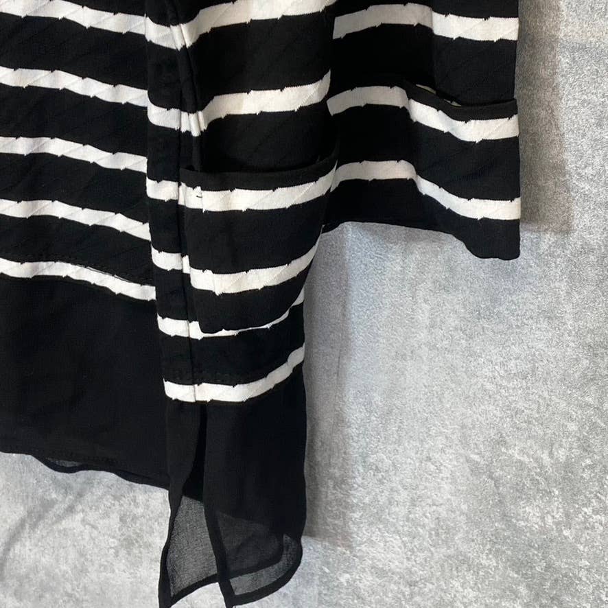 VINCE CAMUTO Women's Rich Black Striped 3/4 Sleeve Boatneck Sheer Hem Top SZ M
