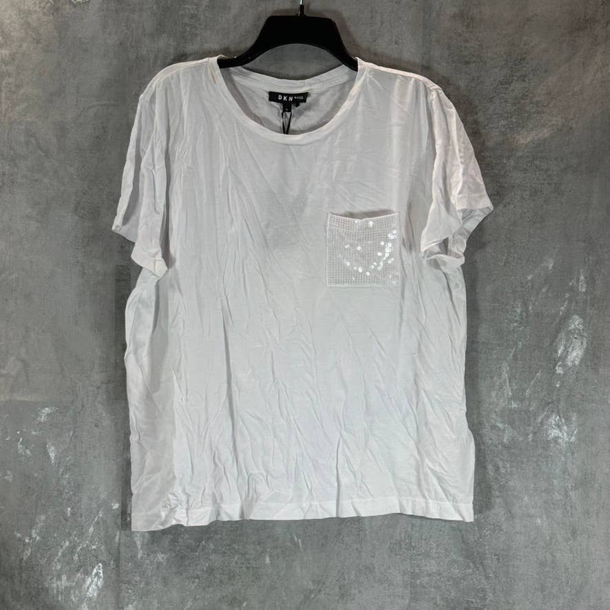 DKNY Women's White Sequin-Pocket Crewneck Short-Sleeve T-Shirt SZ XL