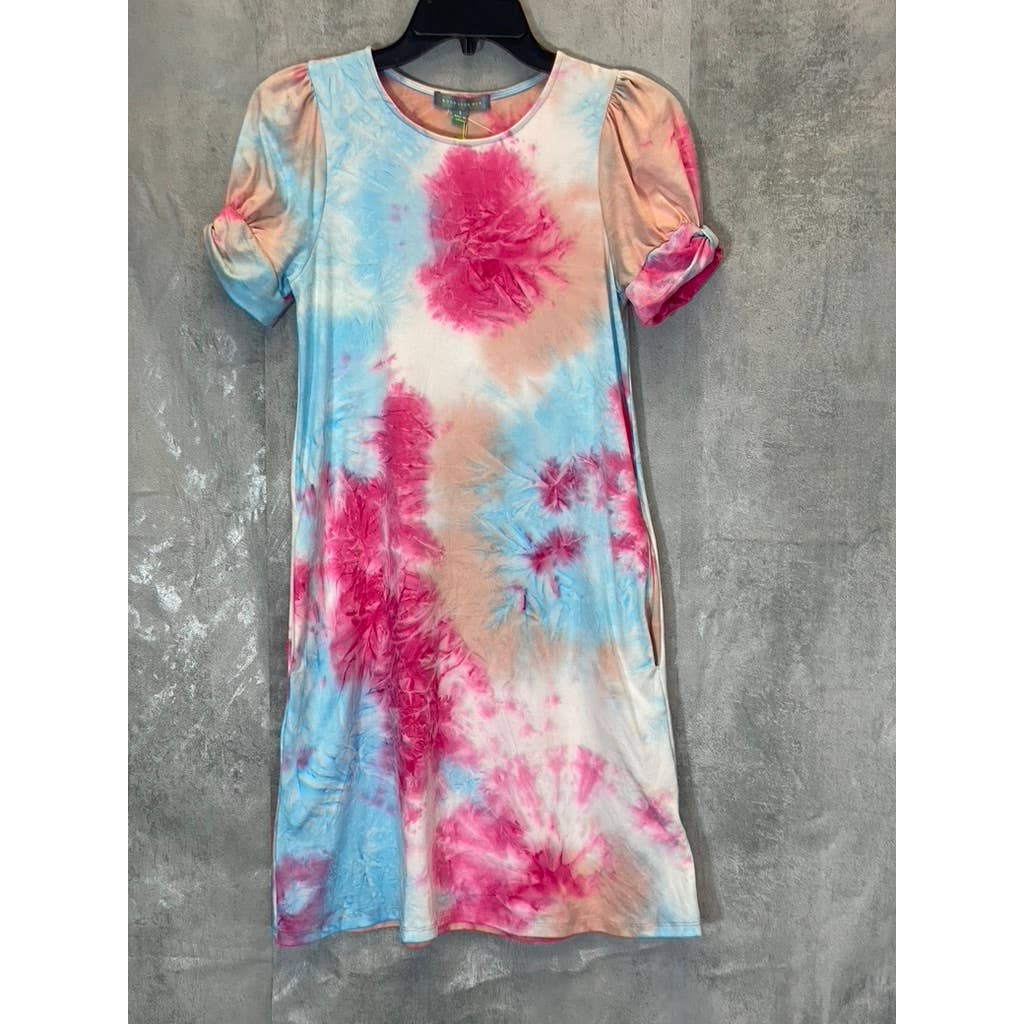GOOD LUCK GEM Women's Sky/Pink Tie-Dye Puff Short Sleeve Mini Dress SZ S