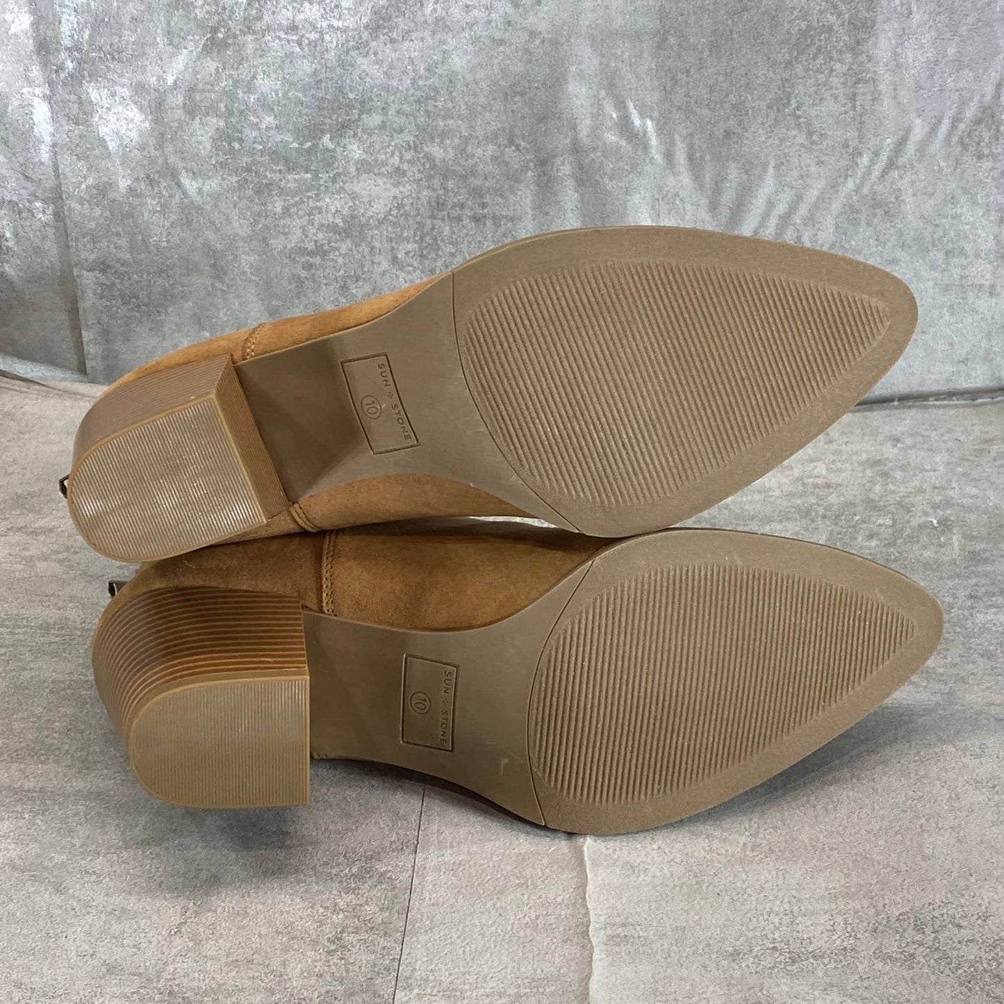 SUN+STONE Women's Tan Microsuede Elizaa Back-Zip Block-Heel Ankle Bootie SZ 10