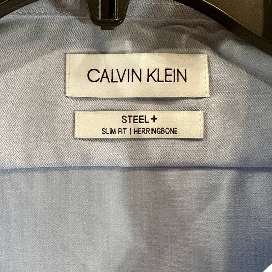 CALVIN KLEIN STEEL Men's Blue Slim-Fit Herringbone Dress Shirt SZ 17 34/35(XL)