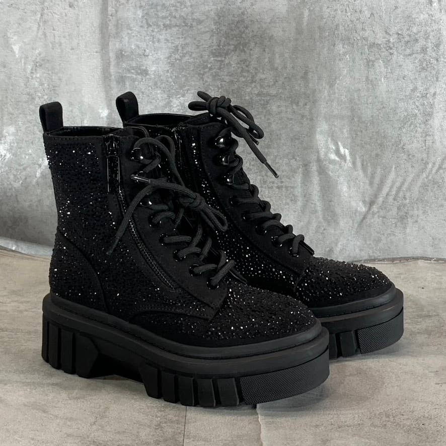 GUESS Women's Black Rhinestone Embellished Ferine Combat Lace-Up Boots SZ 5.5