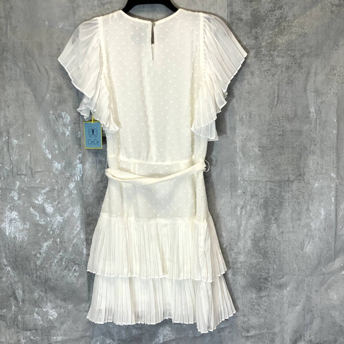 CECE Women's Soft Ecru Clip Dot Tie-Waist Ruffle Short Sleeve Fit & Flare Mini Dress SZ 4