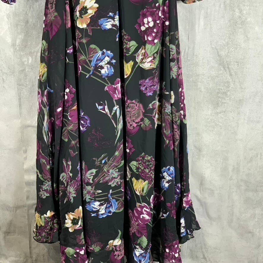 NY COLLECTION Women's Black-Plum Floral 3/4 Sleeve Tie-Waist Ruffle Dress SZ M