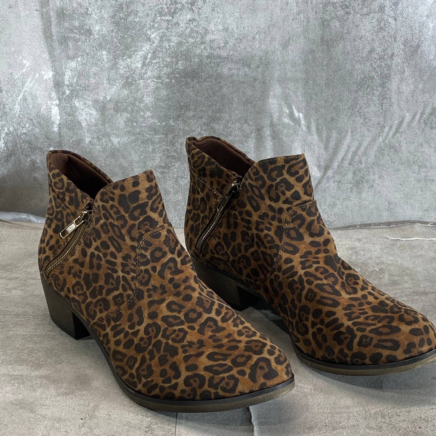 SUN+STONE Women's Brown Leopard Abby Double-Zip Round-Toe Block-Heel Bootie SZ12