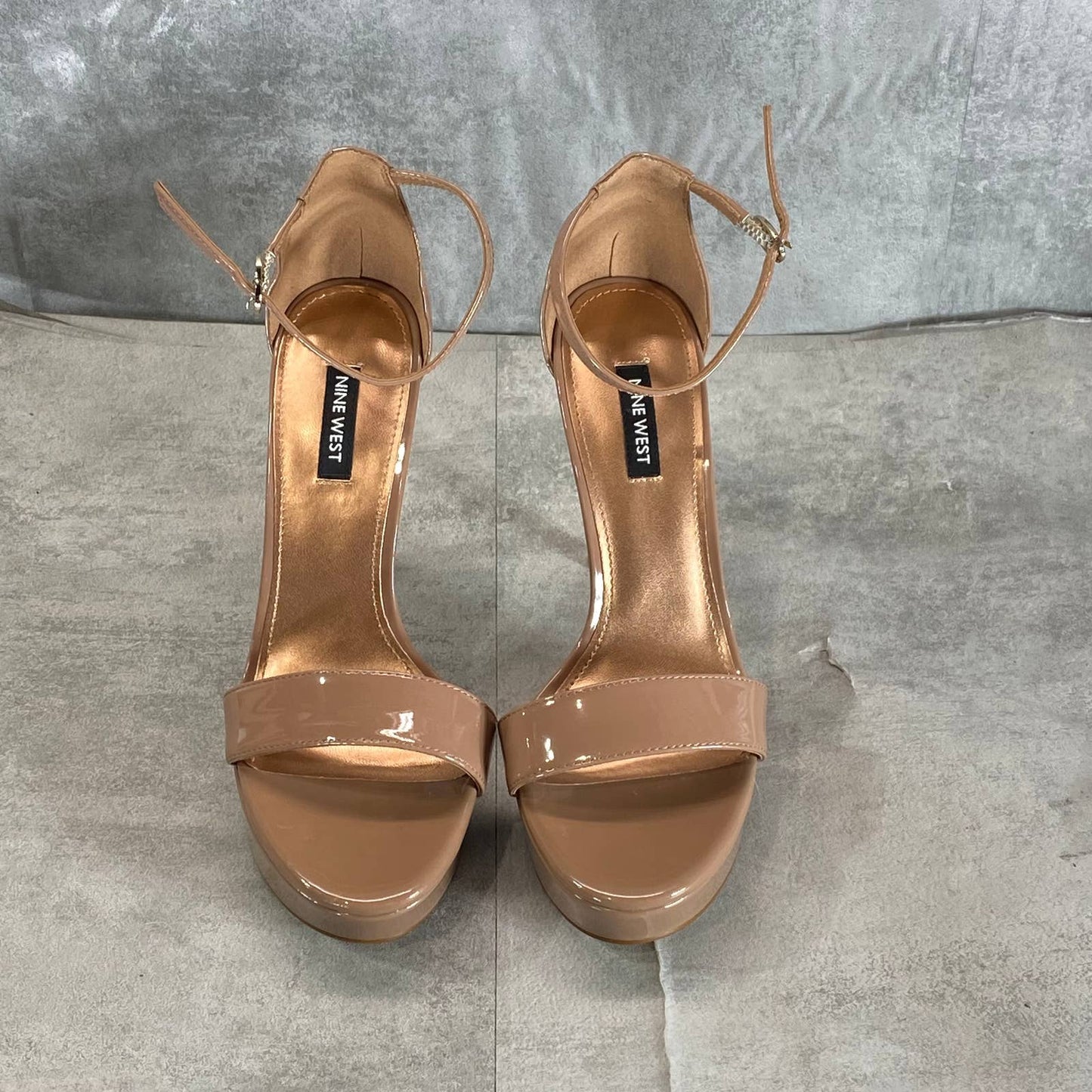 NINE WEST Women's Medium Natural Patent Goou3 Platform Dress Stiletto Sandal SZ8
