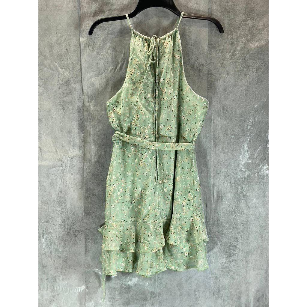 TRIXXI Juniors' Green Floral Halter Ruffle Tie-Waist Fit & Flare Mini Dress SZ L