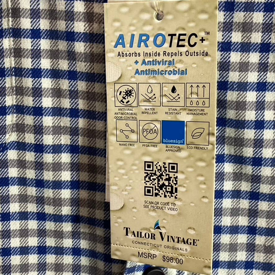 TAILOR VINTAGE Men's Airotec Performance Blue Gingham Long-Sleeve Button-Up Shirt SZ XL