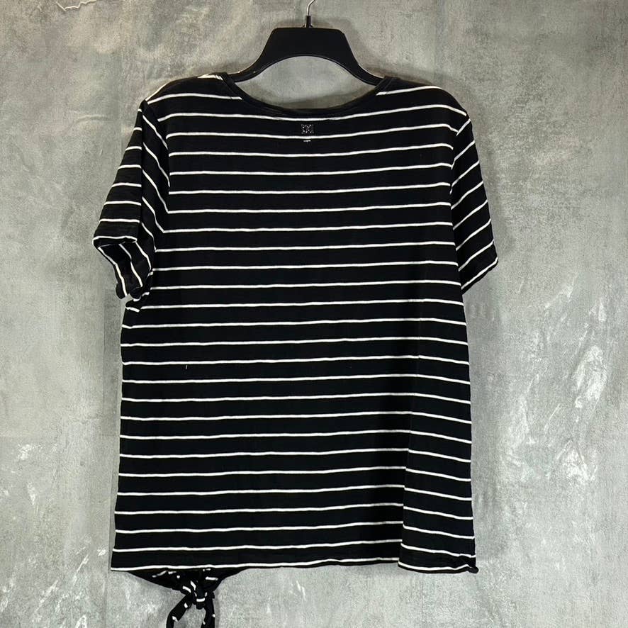 CALVIN KLEIN Women's Black Striped Crewneck Tie-Waist Short-Sleeve Top SZ XL