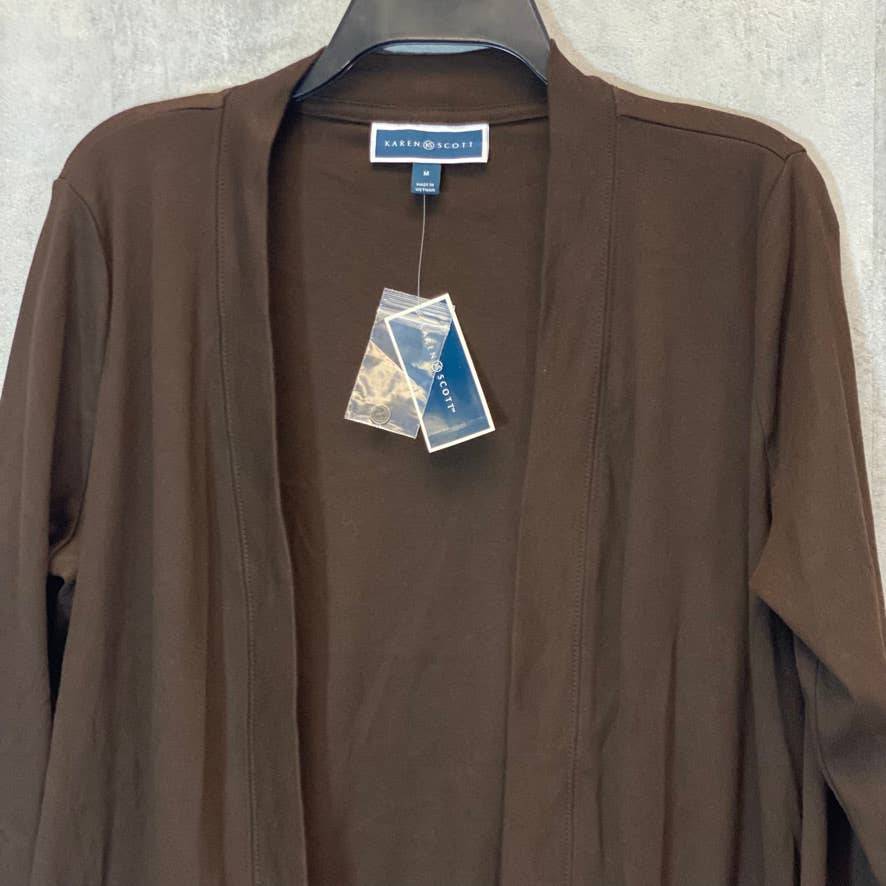 KAREN SCOTT Women's Chocolate 2-Pocket 3/4 Tab Sleeve Collarless Open Front Cardigan SZ M