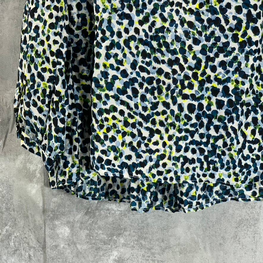 DKNY Women's Blue Animal-Printed Pleated Crewneck 3/4 Sleeve Top SZ M