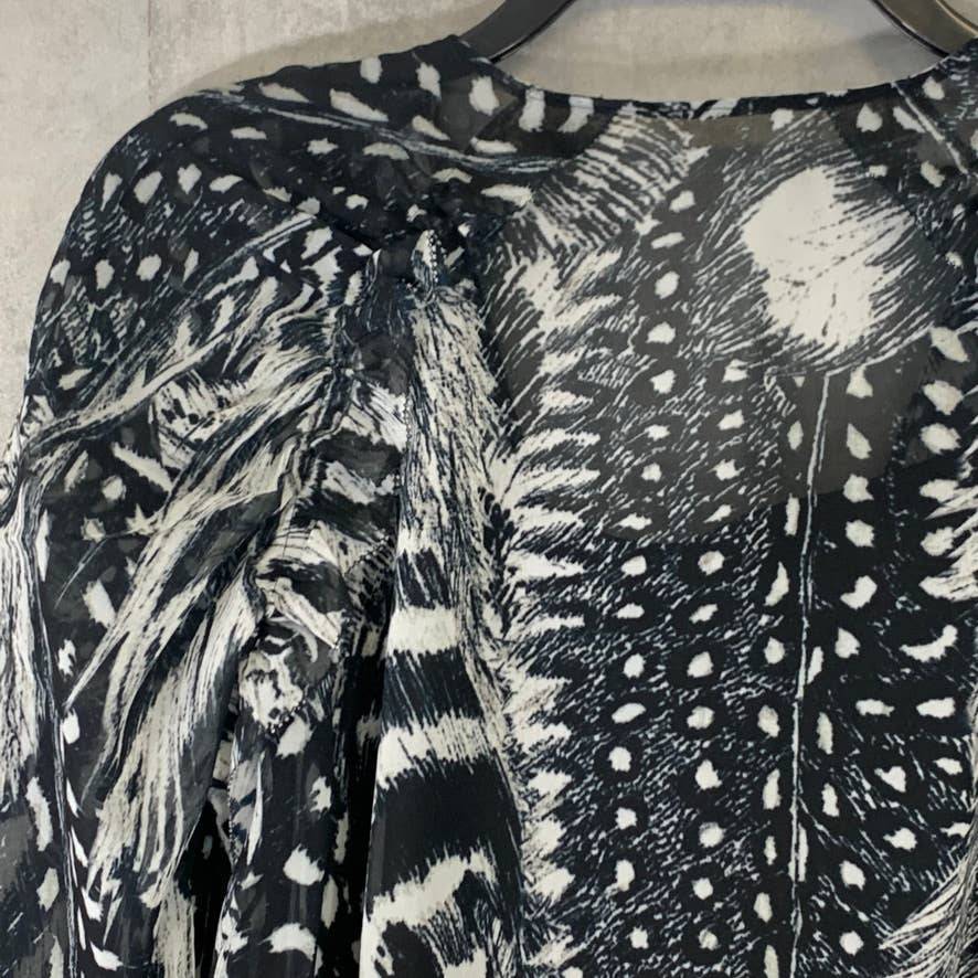 ALLSAINTS Black Fara Stretto Chiffon Monochrome Print Wrap Top SZ 4
