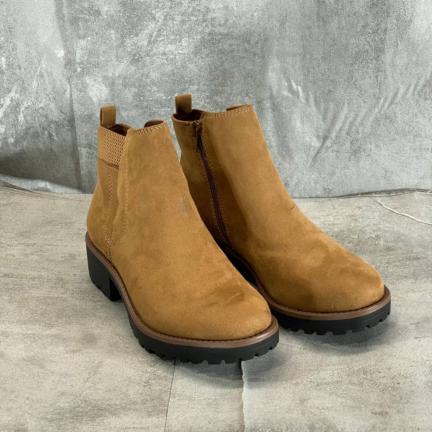 SUN+STONE Women's Tan Micro Kandy Lug-Sole Block-Heel Side-Zip Ankle Boots SZ 8