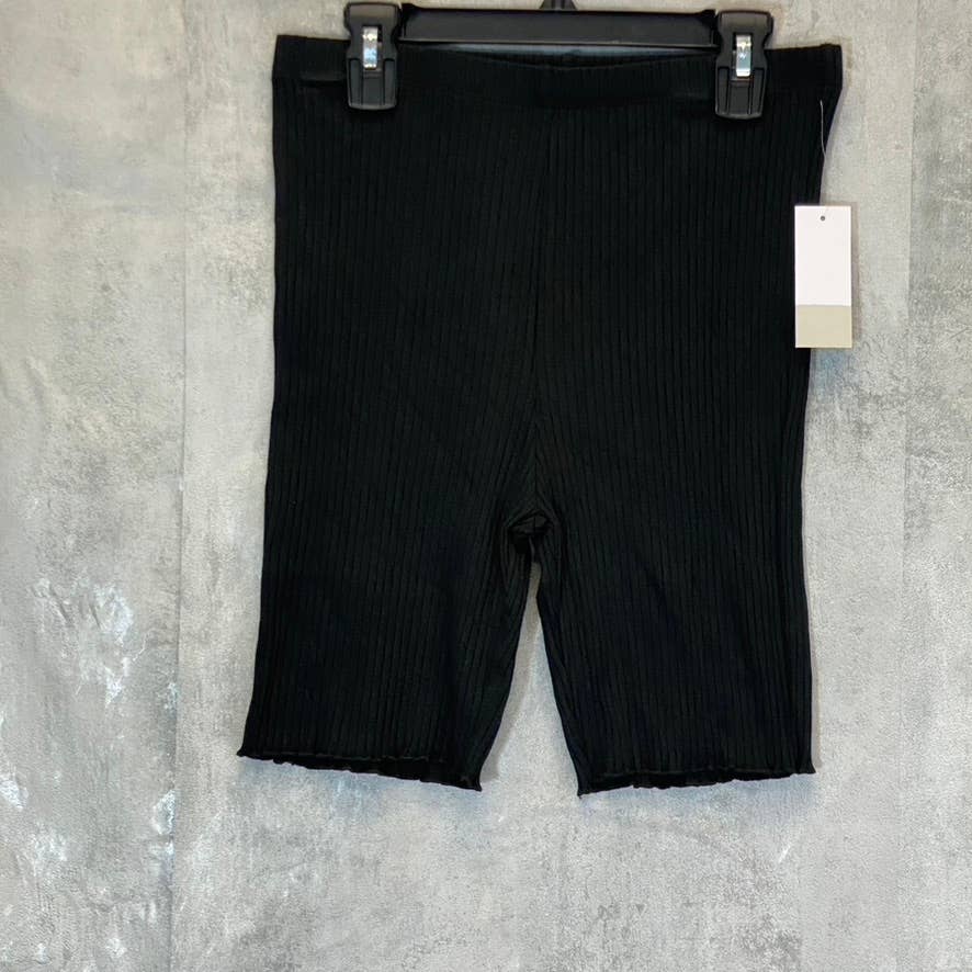 BP. Women's Solid Black Ribbed Lettuce Hem Pull-On Biker Shorts SZ S