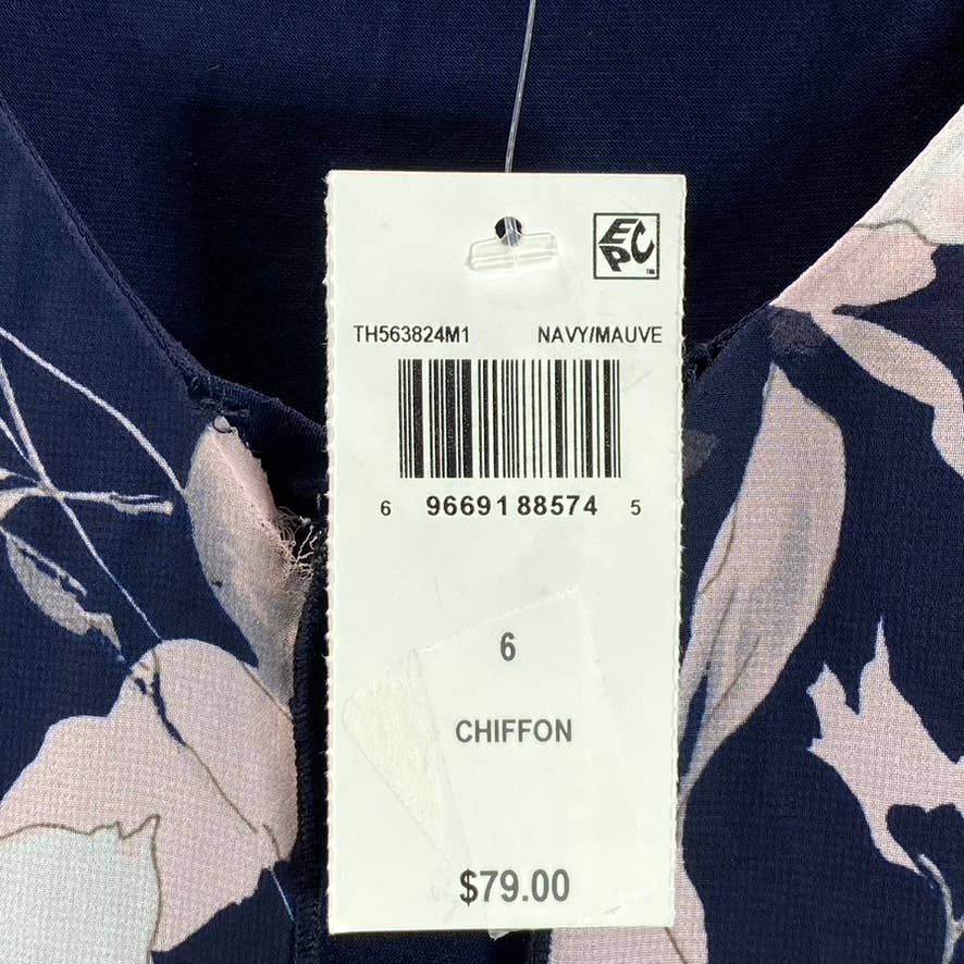 CONNECTED APPAREL Women's Navy-Mauve Floral-Print Chiffon Overlay Dress SZ 6