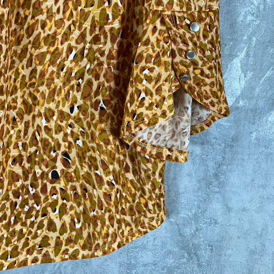 NY COLLECTION Women's Brown Leopard Y-Neck 3/4 Overlapped Bell Sleeve Top SZ L