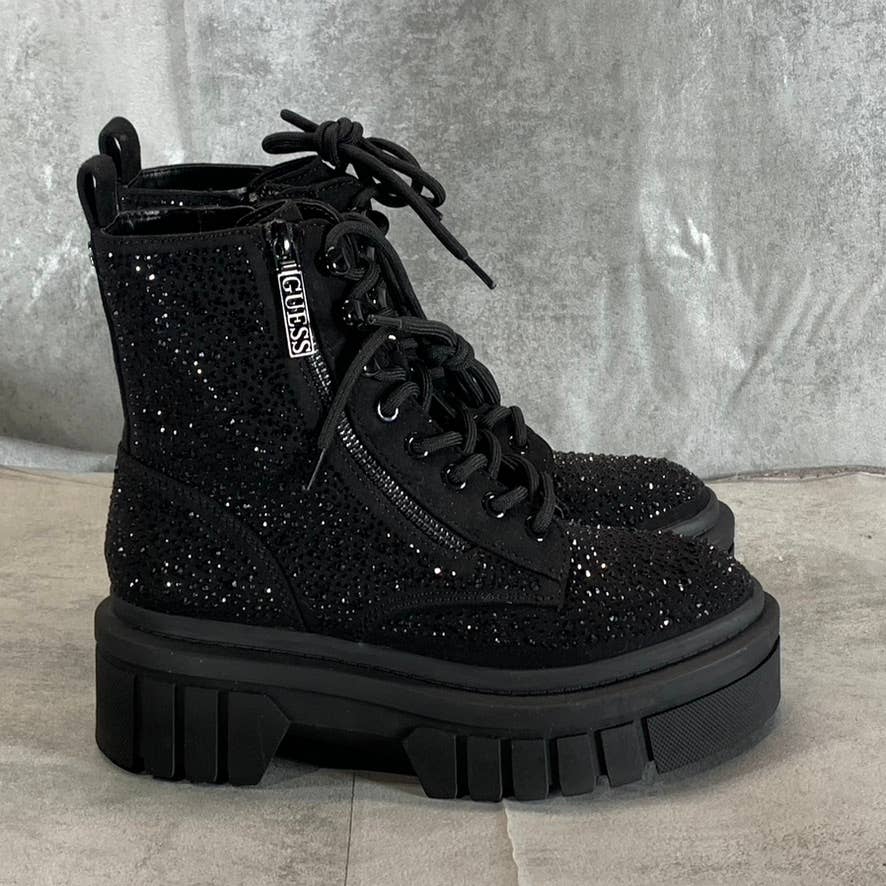 GUESS Women's Black Rhinestone Embellished Ferine Combat Lace-Up Boots SZ 5.5
