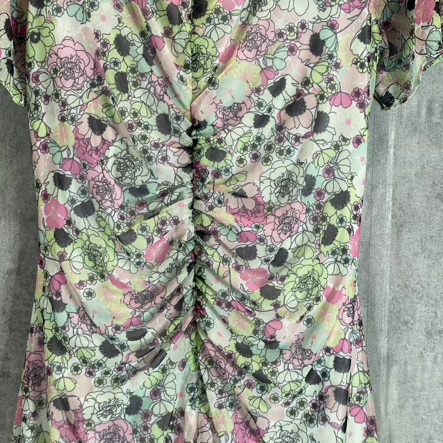 BCBGENERATION Women's Garden Printed Scoop-Neck Ruched Mesh Mini Dress SZ 14