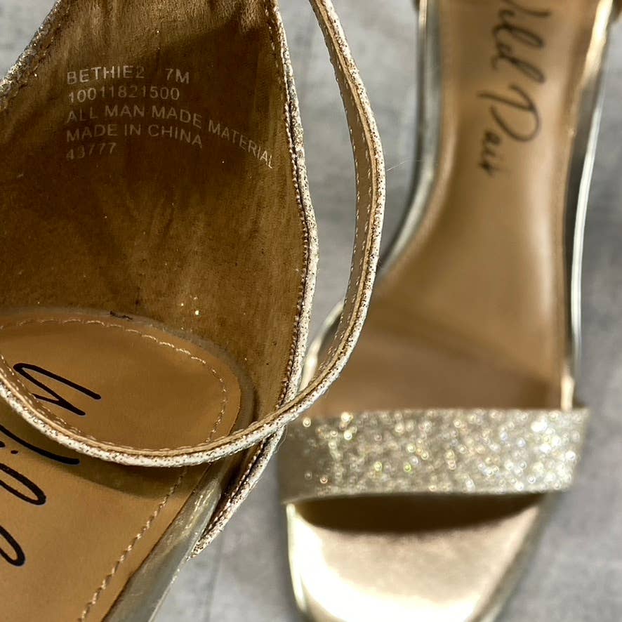 WILD PAIR Women's Light Gold Glitter Bethie Two-Piece Stiletto Dress Sandals SZ7