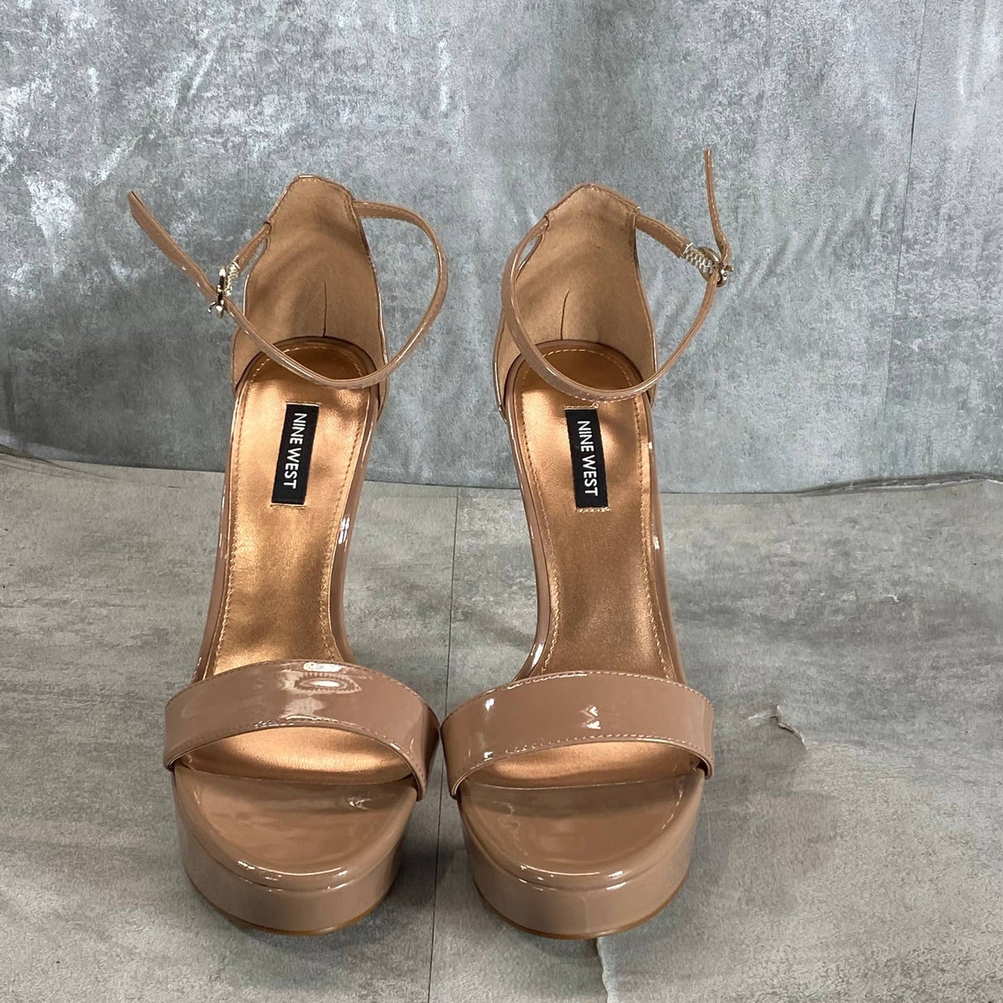 NINE WEST Women's Medium Natural Patent Goou3 Platform Dress Stiletto Sandal SZ8