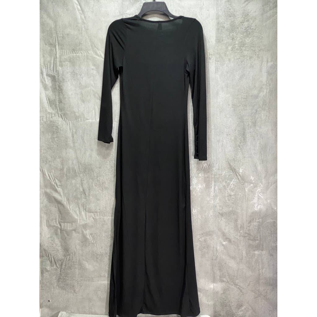 24SEVEN COMFORT APPAREL Solid Black Form Fitting Long Sleeve Side Slit Maxi Dress SZ S