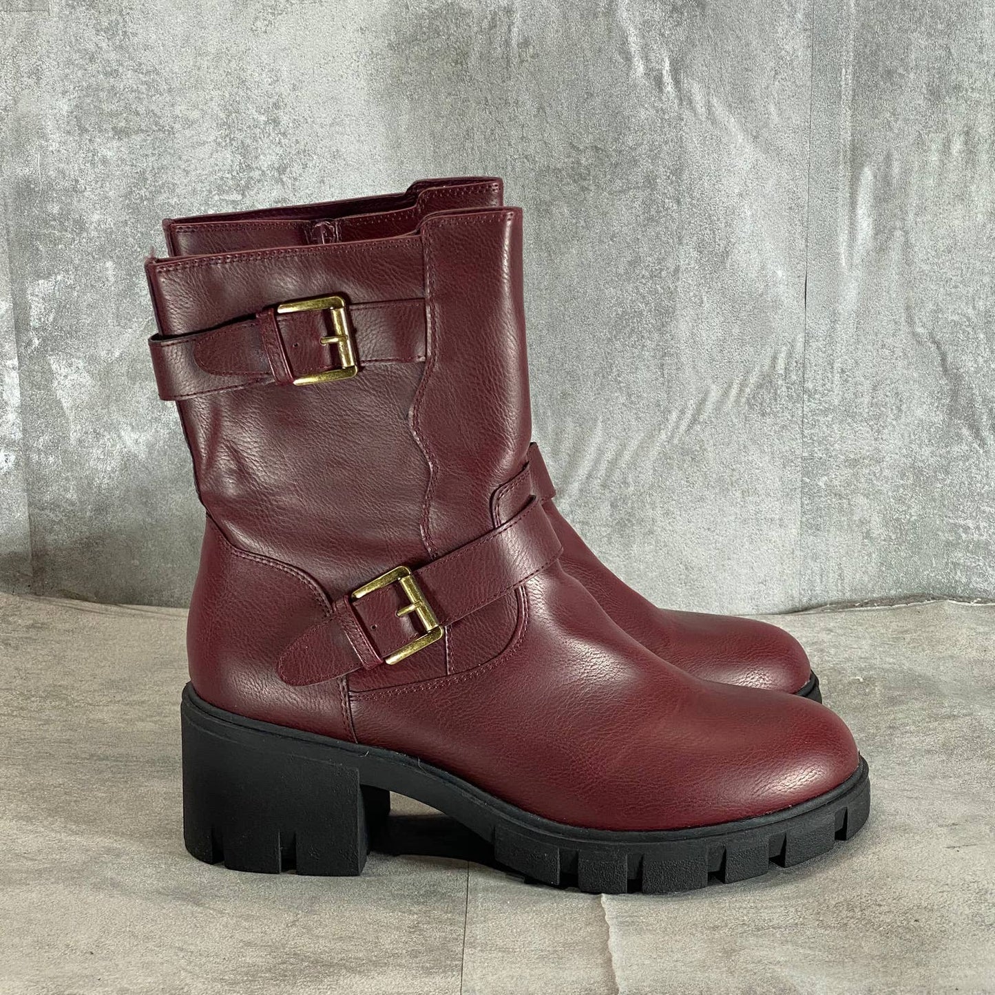 SUN+STONE Women's Wine Smooth Lionell Lug-Sole Block-Heel Moto Boots SZ 11