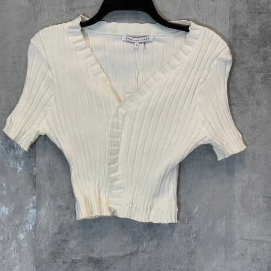 ENDLESS ROSE Women's White Ruffle Knit V-Neck Short Sleeve Crop Top SZ M