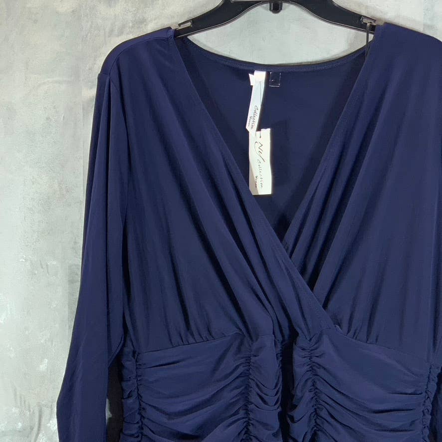 NY COLLECTION Women's Plus Navy Ruched 3/4 Sleeve A-Line Knee-Length Dress SZ1X