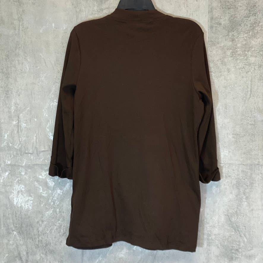 KAREN SCOTT Women's Chocolate 2-Pocket 3/4 Tab Sleeve Collarless Open Front Cardigan SZ M