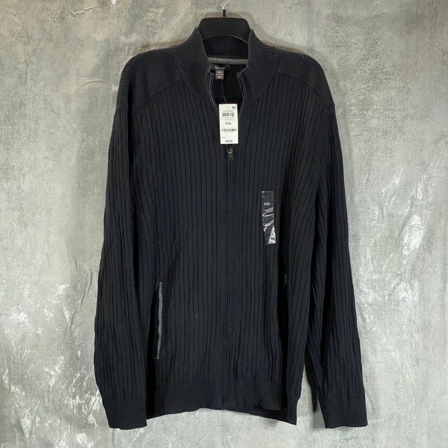 ALFANI Men's Deep Black Classic-Fit Ribbed Full-Zip Sweater 2XL