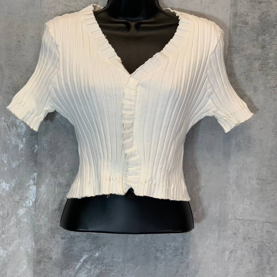 ENDLESS ROSE Women's White Ruffle Knit V-Neck Short Sleeve Crop Top SZ M