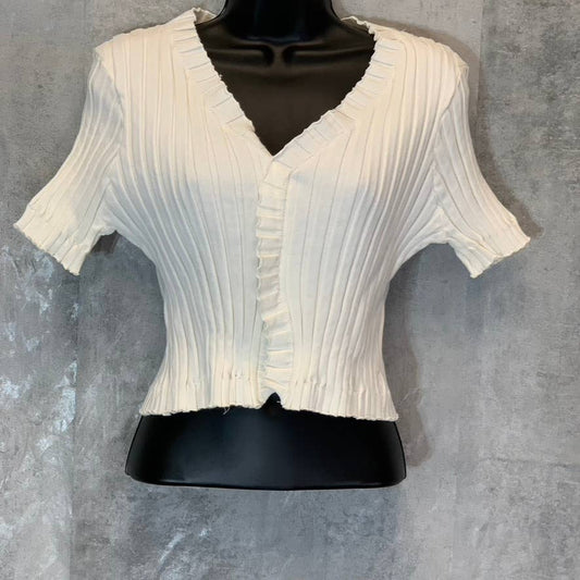 ENDLESS ROSE Women's White Ruffle Knit V-Neck Short Sleeve Crop Top SZ M