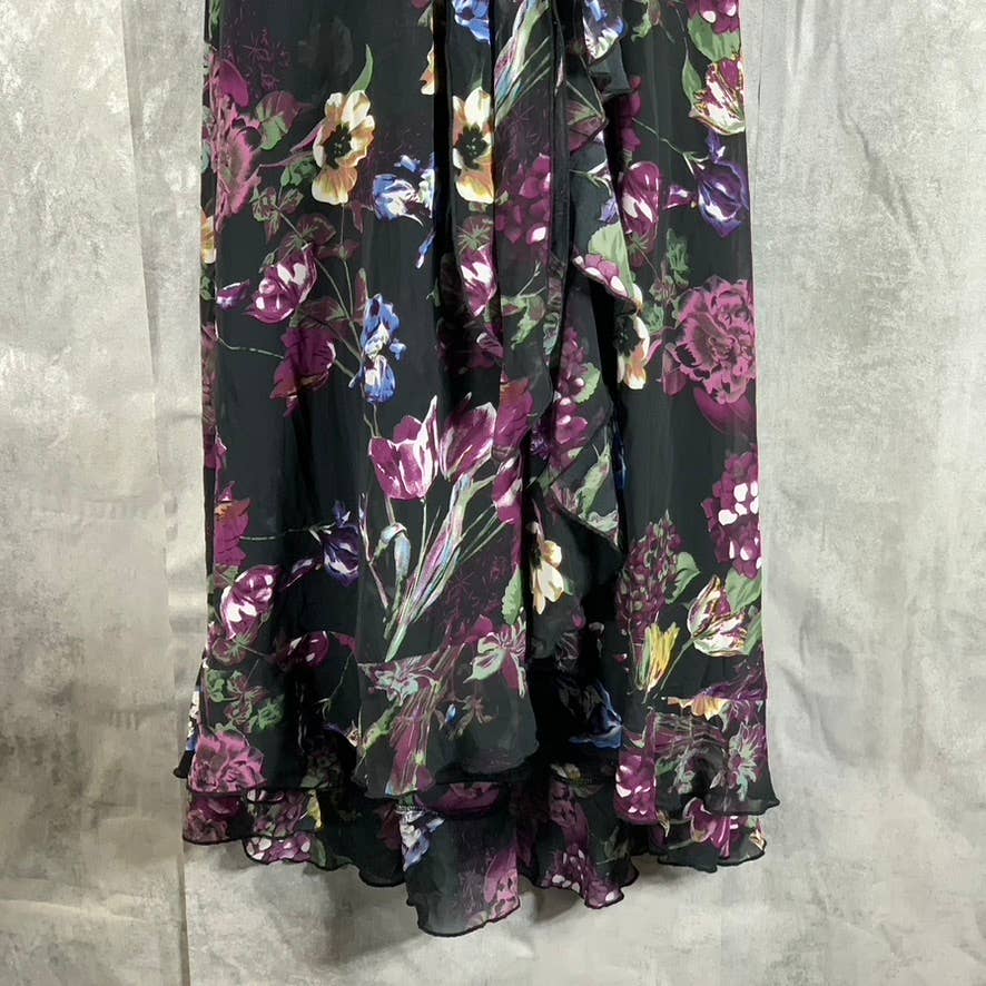 NY COLLECTION Women's Black-Plum Floral 3/4 Sleeve Tie-Waist Ruffle Dress SZ M