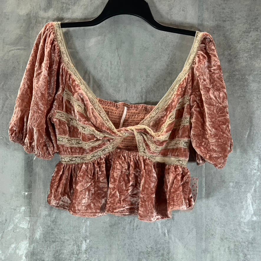 FREE PEOPLE Women's Mauve Yours Truly Twist-Front V-Neck Velvet Peplum Top SZ M