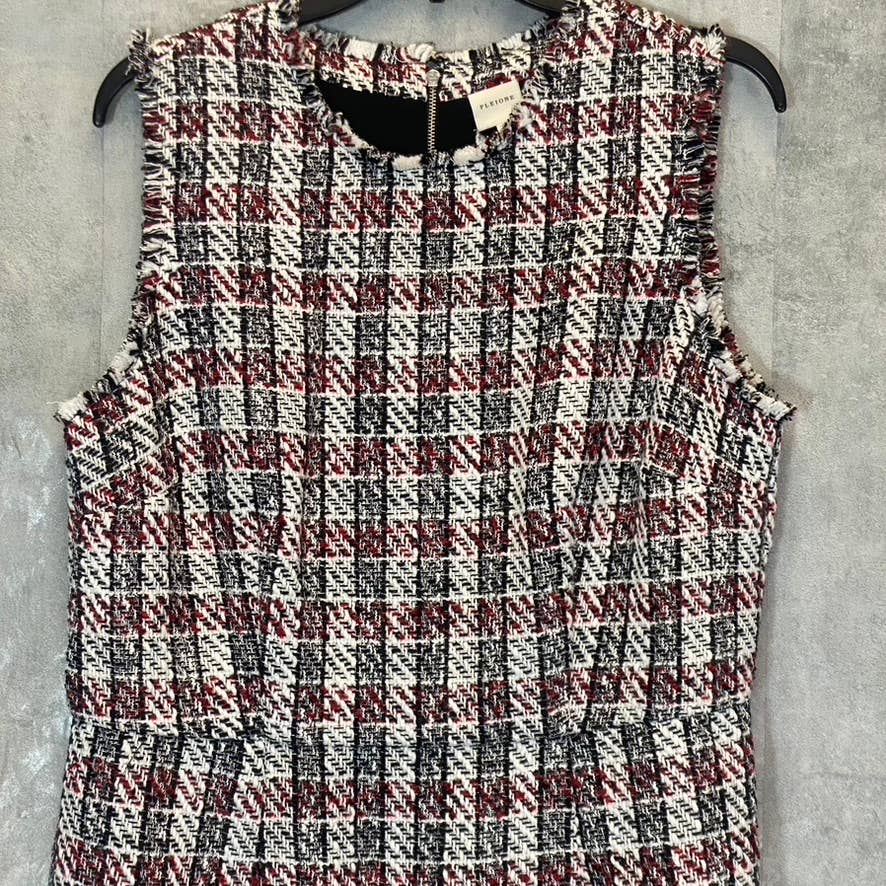 PLEIONE Women's Black/Red Tweed Printed Frayed Trim Sleeveless Mini Bodycon Dress SZ L