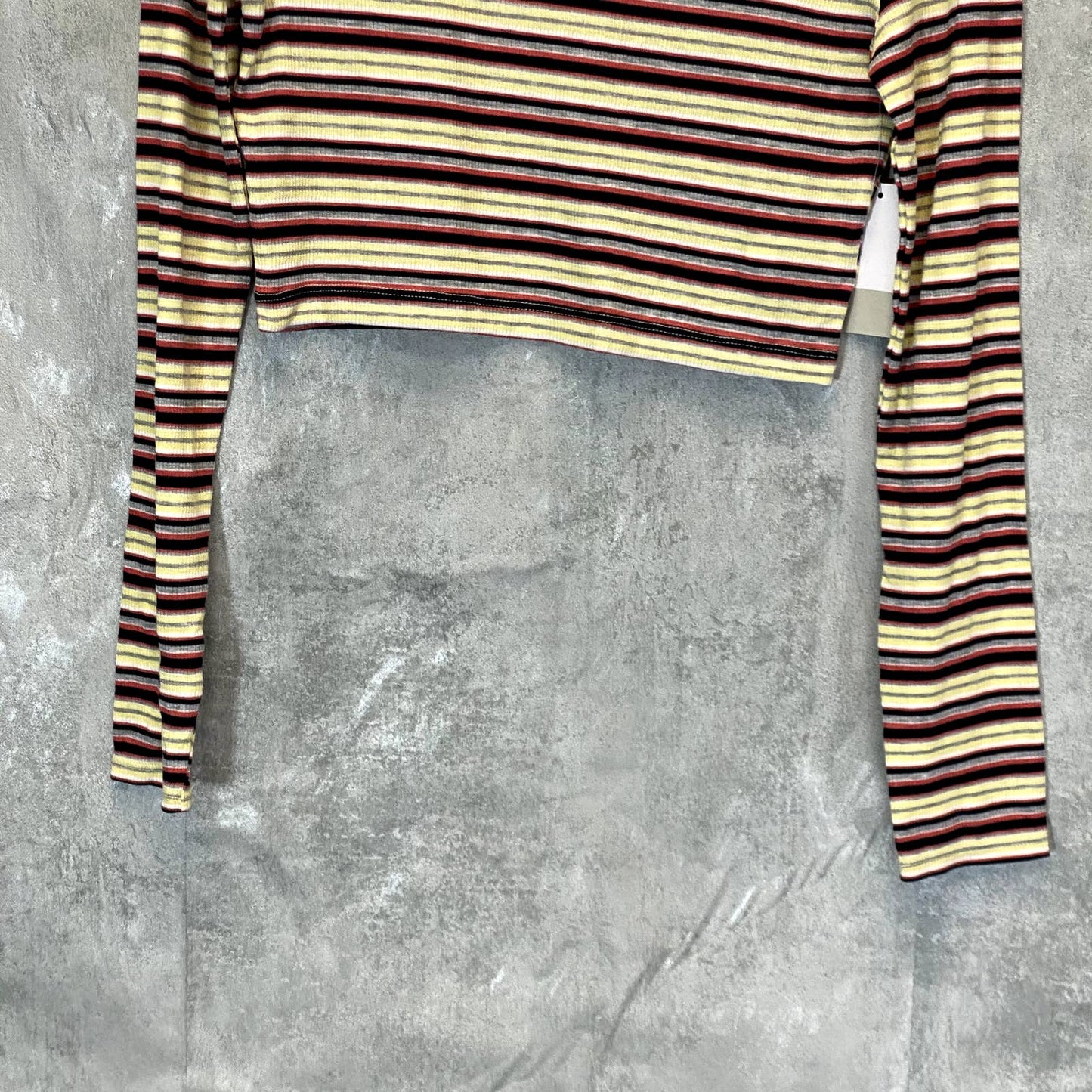 BP. Women's Yellow Multi Stripe Ribbed Mock Neck Long Sleeve Crop Top SZ M