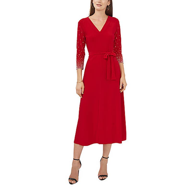 MSK Women's Burgundy V-Neck Rhinestone Embellished 3/4 Sleeve Midi Dress SZ M