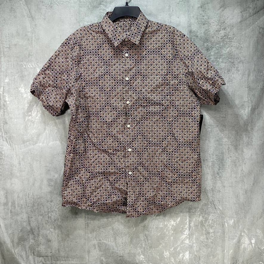 TASSO ELBA Brown Diamante Pattern Button Down Short Sleeve Shirt SZ L
