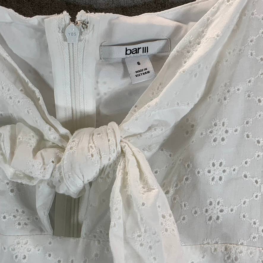 BAR III Women's Bright White Sweetheart Tie-Neck Eyelet Puff-Sleeve Dress SZ 6