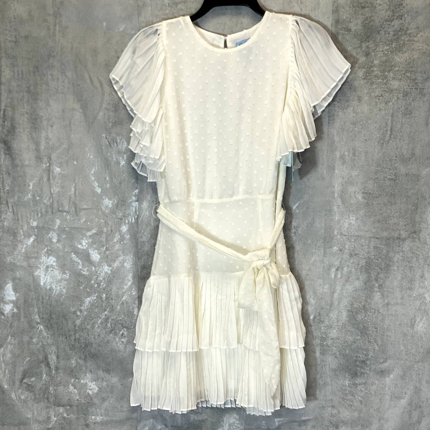 CECE Women's Soft Ecru Clip Dot Tie-Waist Ruffle Short Sleeve Fit & Flare Mini Dress SZ 4