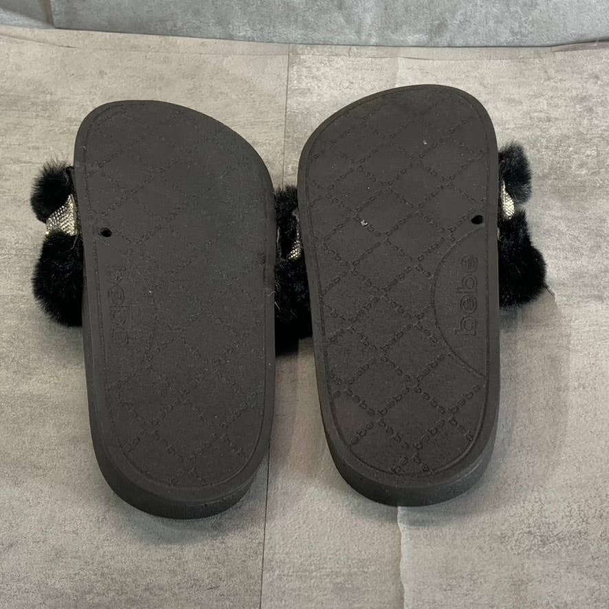 BEBE Women's Flynna Faux-Fur Rhinestone Embellished Slide Sandals SZ 7