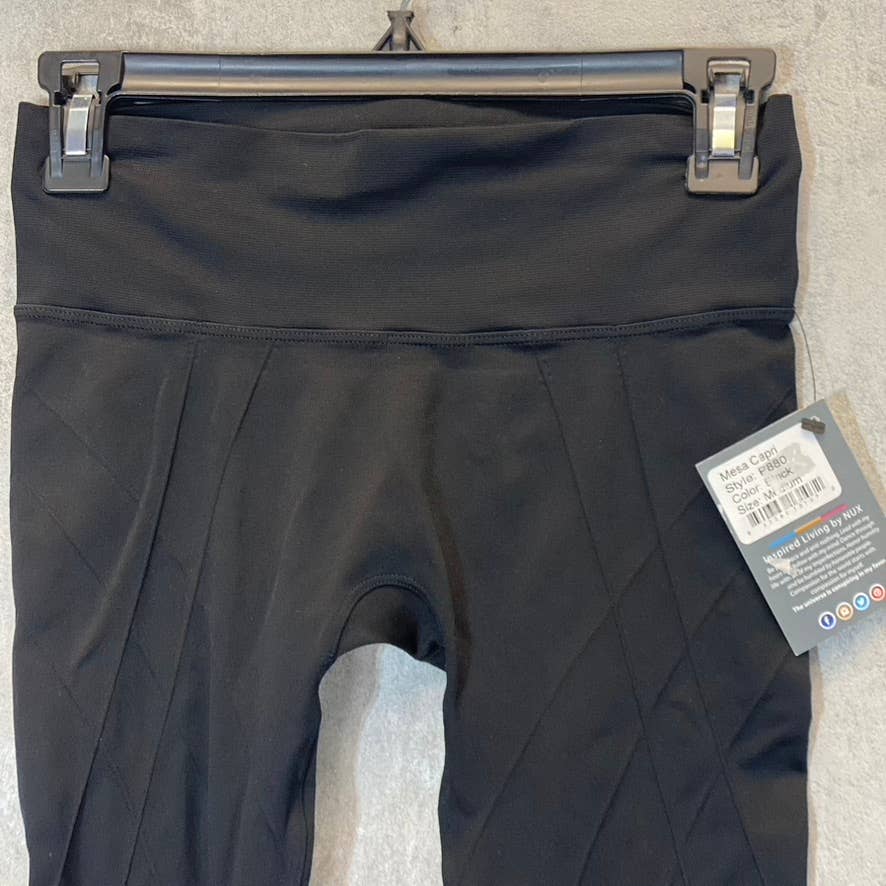 NUX Women's Black Ruched-Trim Mesa Low-Rise Pull-On Capri Leggings SZ M