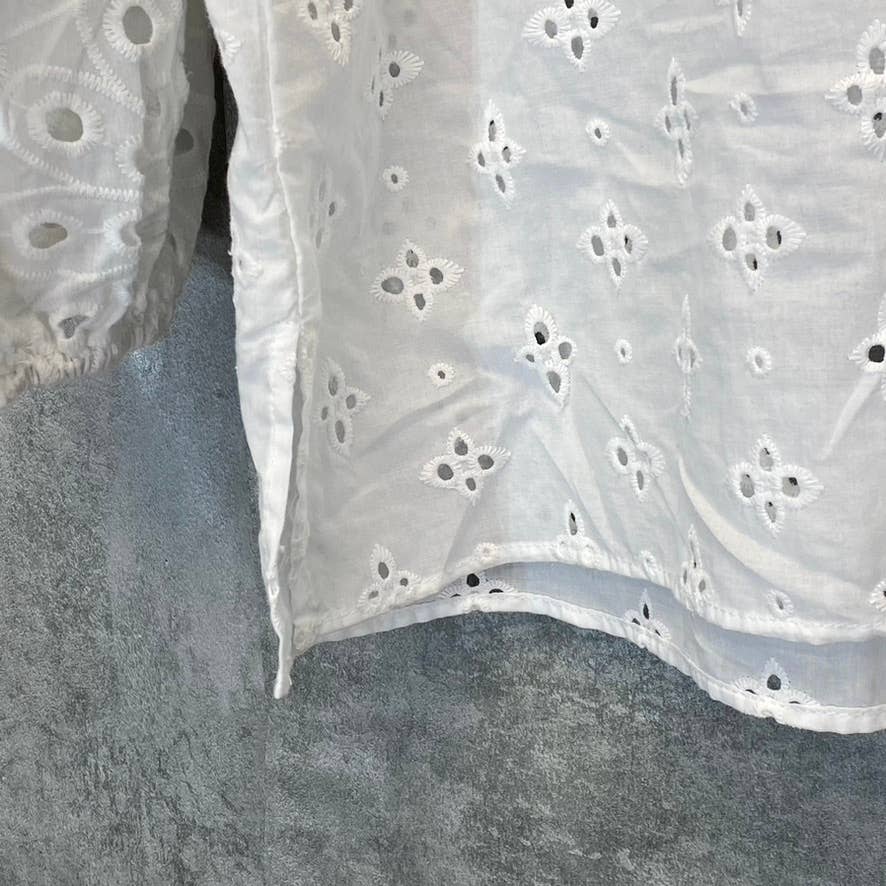 STATUS BY CHENAULT Women's White Eyelet Round Neck 3/4 Puff Sleeve Top SZ M