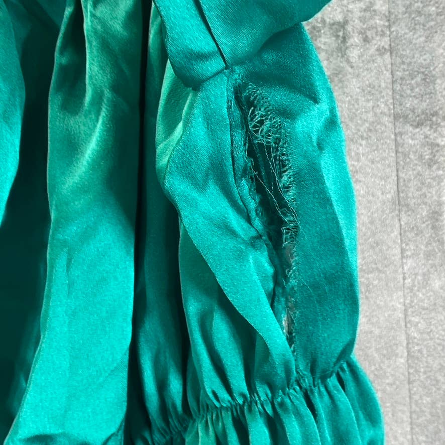 BAR III Women's Mid Green Satin Square-Neck Smocked Puff-Sleeve Top SZ XS
